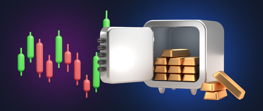 A secured vault housing gold bars with candlestick charts positioned beside it, symbolizing the world of gold trading.