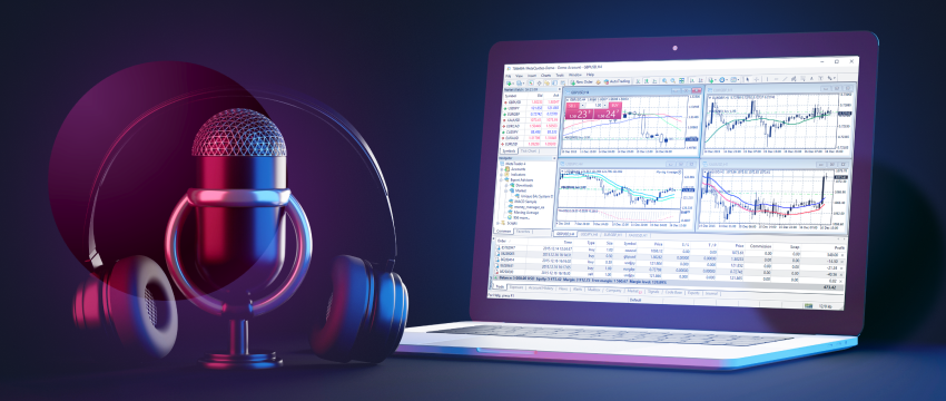 image of microphone and mobile phone screen with chart displaying currencies related to forex podcasts