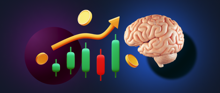 A brain amidst charts, coins, and an upward-pointing arrow, illustrating the dynamics of trading psychology.