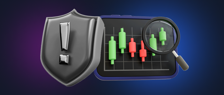 A tablet featuring candlestick charts, accompanied by a shield with an exclamation mark, symbolizing the importance of caution in automated trading.