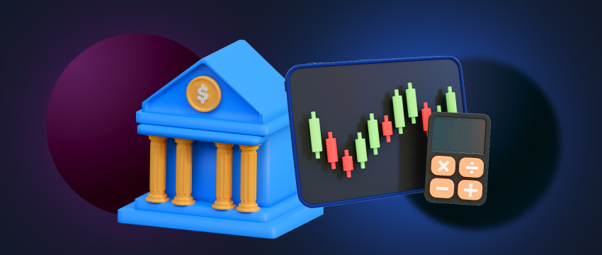 Analyzing financial data with a calculator, bank, and chart