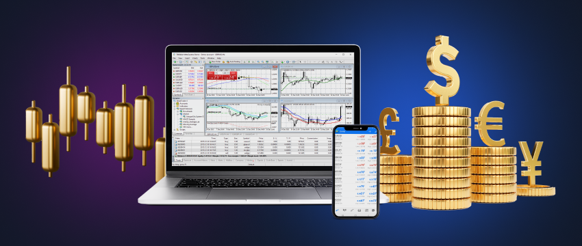 A laptop and a mobile displaying forex data, accompanied by coins and candlestick charts in the background, exemplifying the world of forex trading.