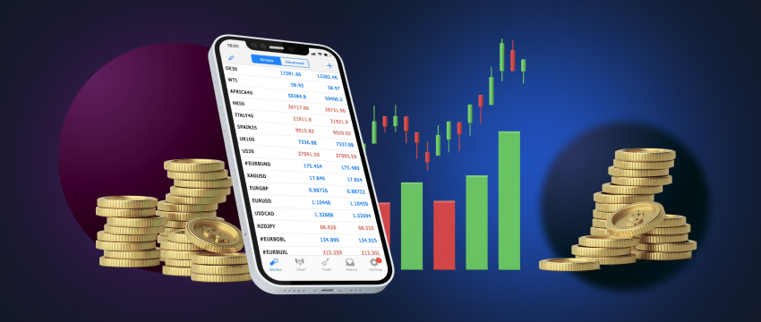 A mobile phone displaying currency data, accompanied by charts and coins in the background, symbolizing the practice of fundamental analysis.