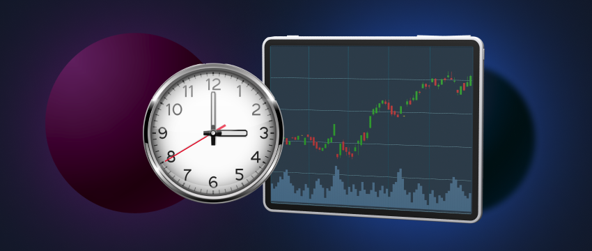 A clock and a tablet displaying forex data.