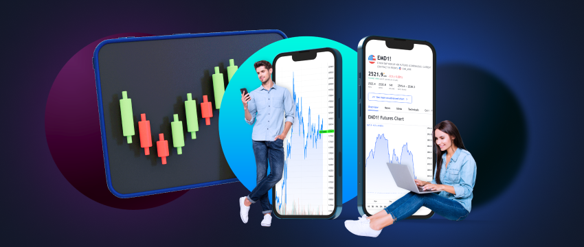 Beginner traders with mobiles, showcasing forex data and candlestick charts in the backdrop