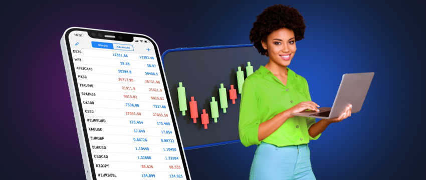 A Forex trader confidently holding a laptop and mobile device with forex data and candlestick charts.