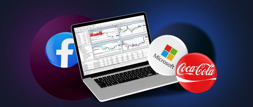 um computador portátil com um gráfico mt4 para negociação de acções e o logótipo da coca e do facebook em segundo plano