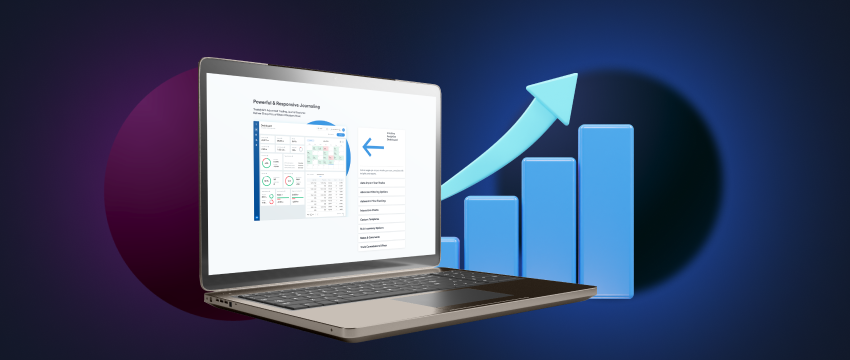 laptop with a graph on the screen, which is a common tool used for forex trading. The text "Forex Trading Journal" is also visible on the screen, which further confirms that the image is related to forex trading journals.