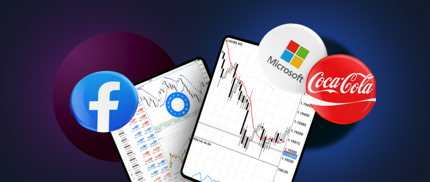 En el fondo se ven los logotipos de las acciones de Coca-Cola, Microsoft y Facebook. Abra MetaTrader 4 en su teléfono móvil: es hora de empezar a operar.