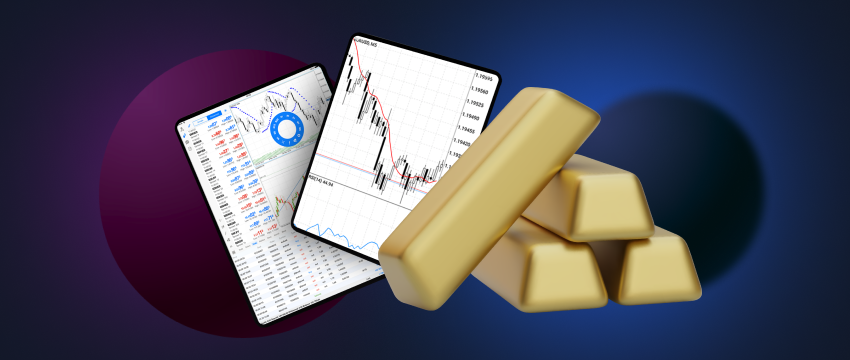 Deux tablettes avec MT4, accompagnées de deux barres, illustrant le monde de MetaTraders et du trading.