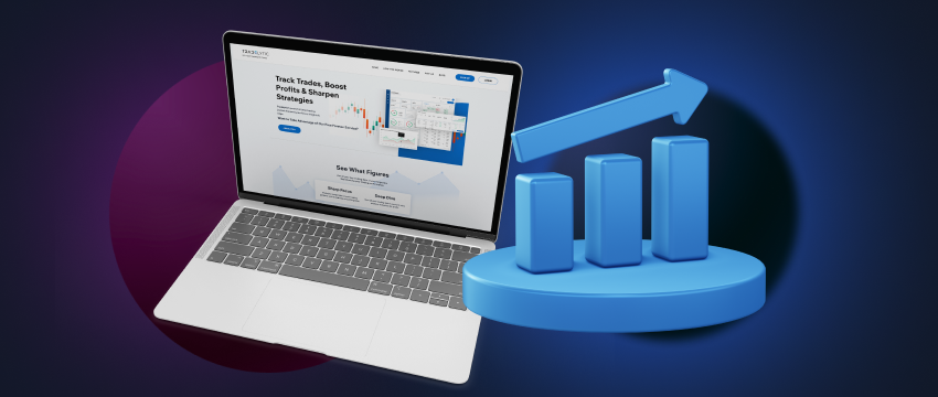 a laptop computer sitting next to a growing graph, with the text "Track Trades, Boost Profits & Sharpen Your Skills" written above it. Forex trading journals, which are tools that traders use to track their trades and improve their skills.