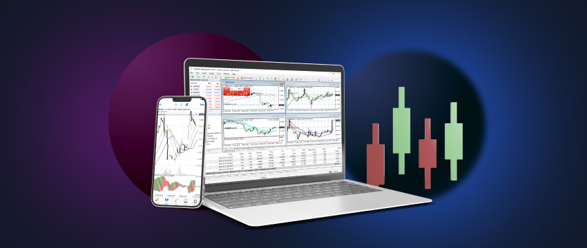 The laptop and phone have MT4 platform with financial forex charts on their screens, and the tablet has a graph of a stock market index.