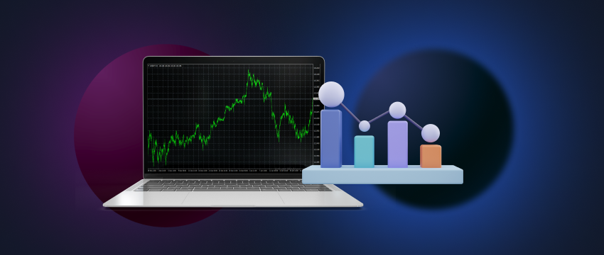 A laptop displaying a forex trading platform (MT4) with charts and indicators. 