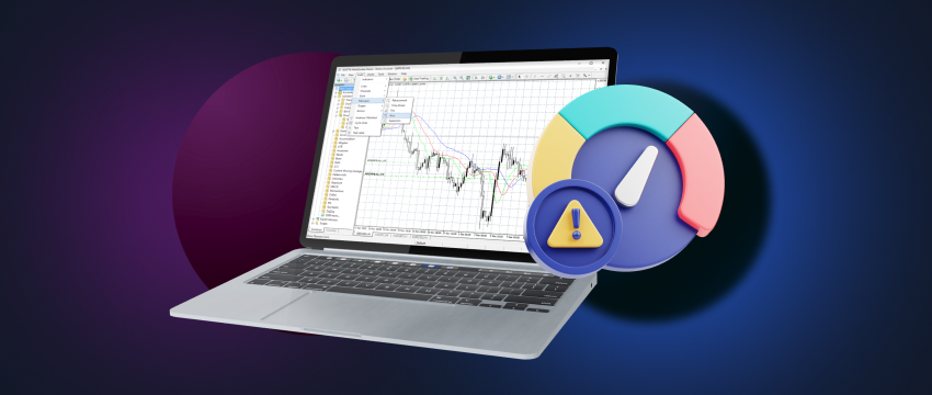 Computador portátil com gráfico forex em fundo azul, destacando as tendências do mercado e os riscos potenciais. Plataforma MT4 e avisos incluídos.