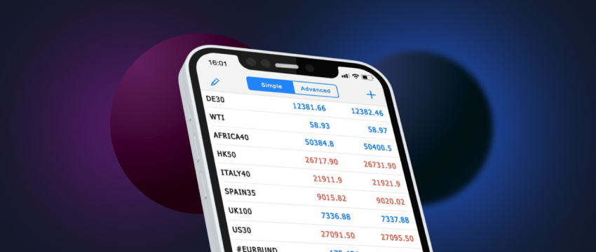 Captura de pantalla de la aplicación móvil Metatrader 4 en el iPhone, que muestra la interfaz de negociación de divisas.