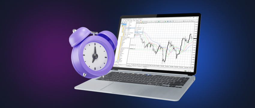 A person trading forex on a laptop using a trading platform, with a clock in the background.