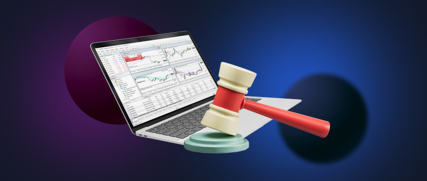 Forex trading with a laptop and a gavel. EU legal. CFD or not. Expertly navigating financial markets.