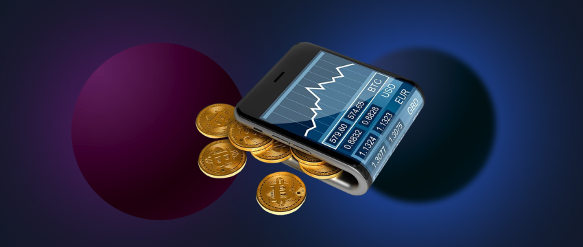 A smartphone with gold coins on a blue background, symbolizing a mobile platform for cfd and cryptocurrency in a 3D illustration