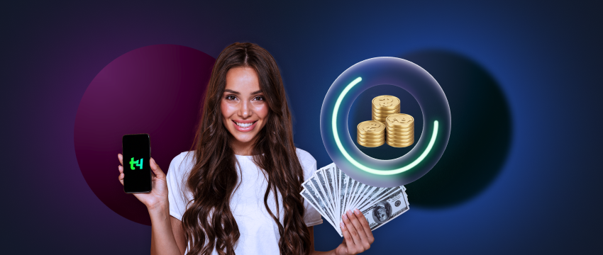 An image of a woman holding a phone and money, highlighting the integration of coins and a mobile app for financial transactions.