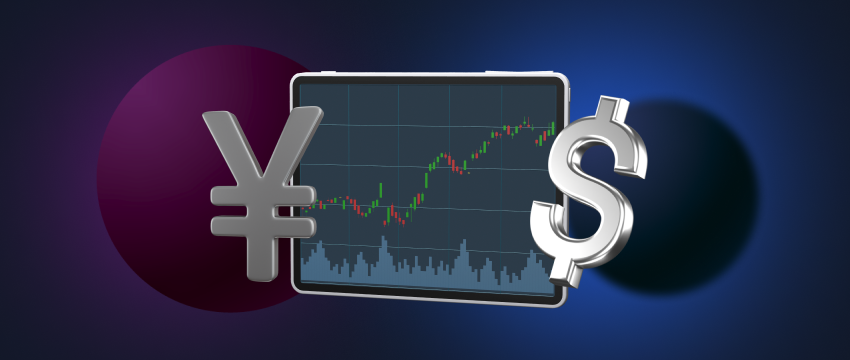 Currency pair chart showing yen and dollar symbols, representing forex trading.