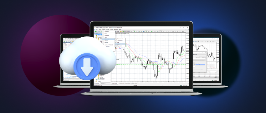 Three laptops with screenshots representing online trading using the MetaTrader 4 platform.