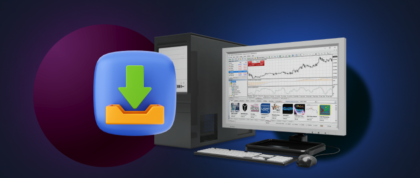 Computer monitor, mouse, and keyboard with arrow pointing right. Download MT4 PC trading