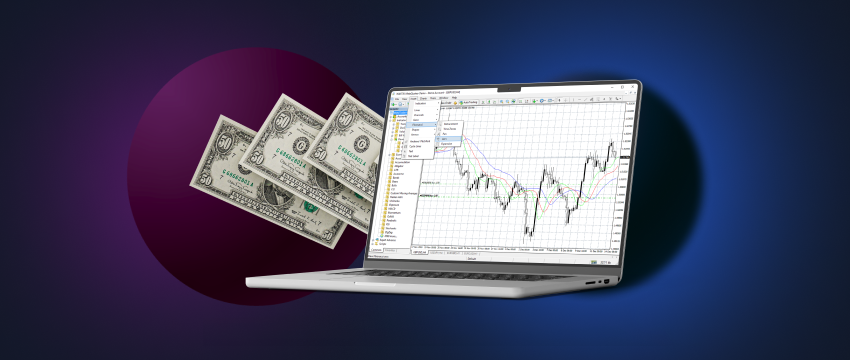 Image of laptop showing MetaTrader 4 platform used for forex trading.