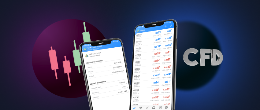 Mobile device displaying CFD trading app interface, featuring trading charts, portfolio overview, and a built-in calculator.