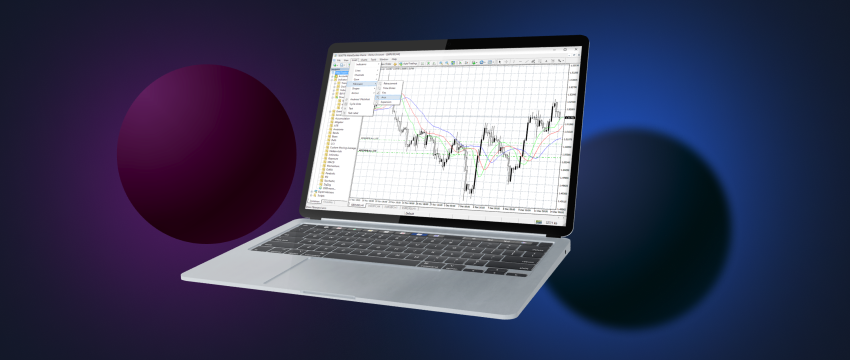A laptop displaying a trading chart on the screen, featuring a Metatrader 4 platform for download.