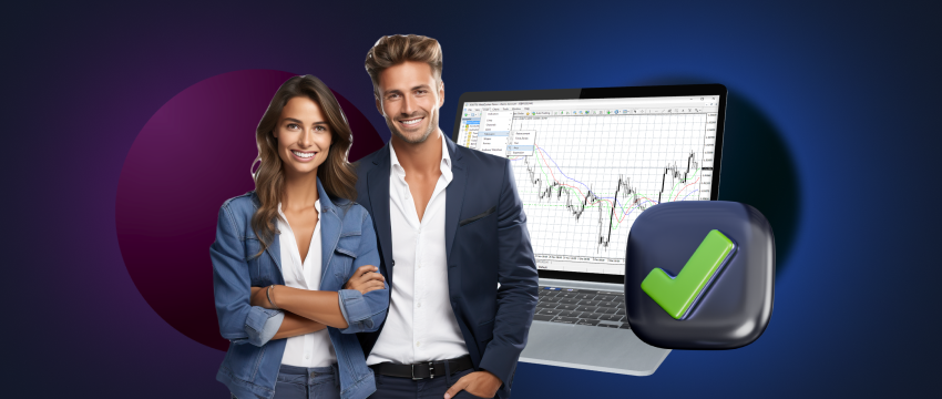 Two individuals, a man and a woman, analyzing trading strategies on Metatrader 4 with a laptop showing a tick mark