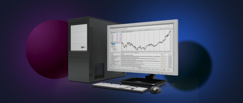 Desk arrangement includes computer monitor, keyboard, and mouse with metatrader 4 download visible.