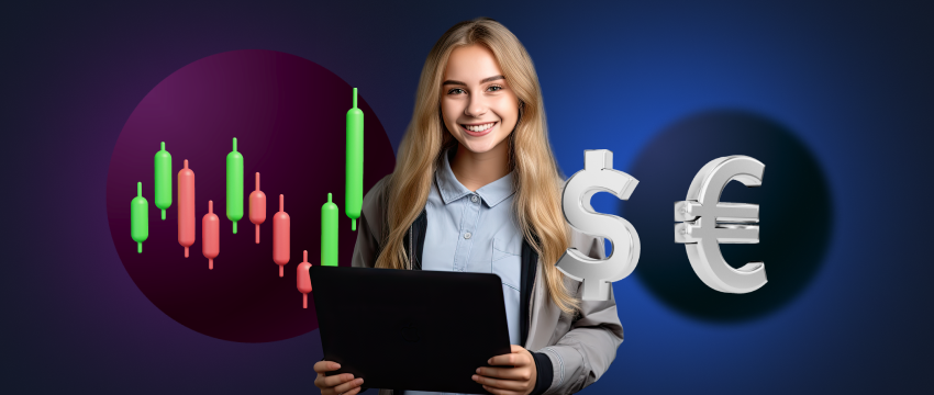 A forex trader woman holding a tablet with euro and dollar signs, analyzing currency pairs.