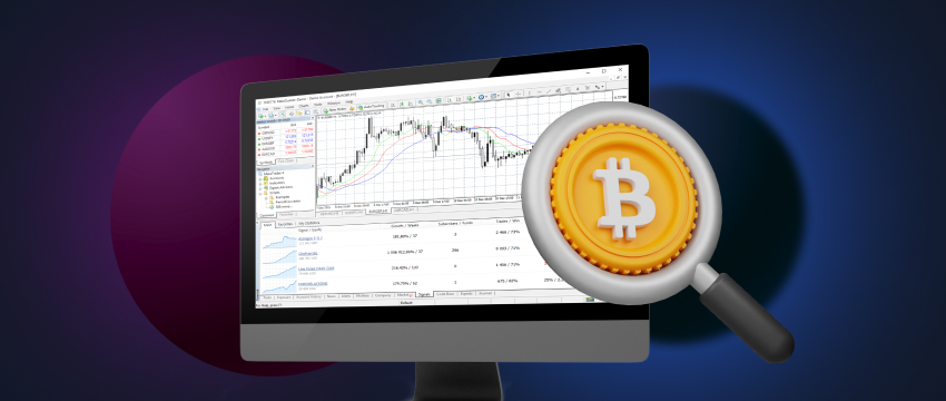 A close-up of a computer screen showing bitcoin trading data and technical analysis for CFD trading.