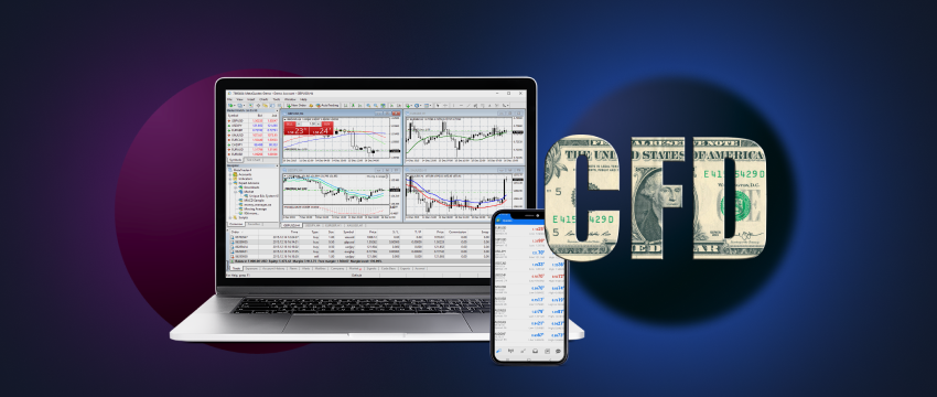 A tablet screen featuring MetaTrader 4, highlighting forex trading with CFDs, including charts and trading functionalities.