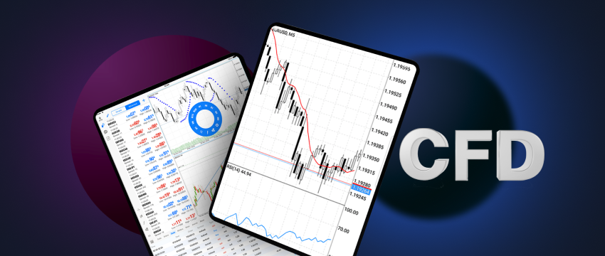 An image of a tablet running MetaTrader 4, illustrating forex trading with CFDs and various trading tools.