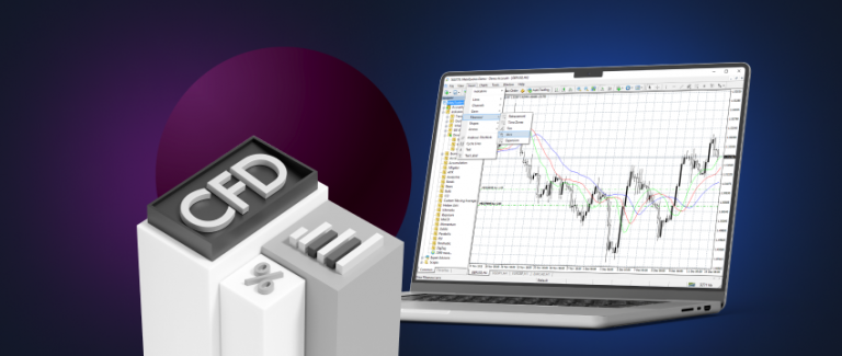 Um computador portátil com uma plataforma de negociação de CFDs, MetaTrader 4, com uma calculadora, ilustrando como negociar forex com CFDs.