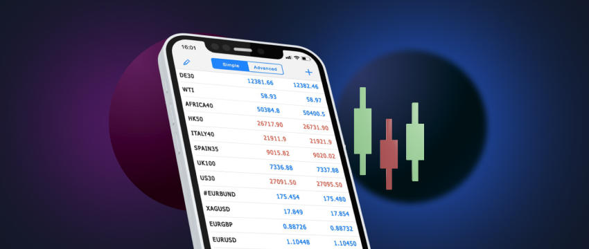 A person using an iPhone to trade forex, with stock market charts and the FTSE index displayed on the screen.