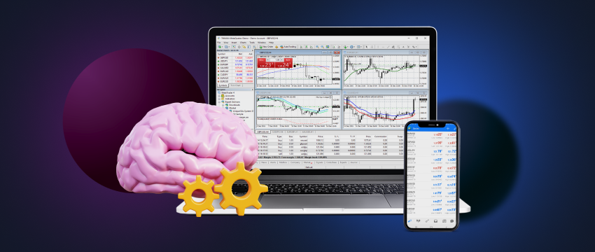 A laptop featuring a brain illustration on its screen, representing the integration of intelligence in mobile trading with MT4.