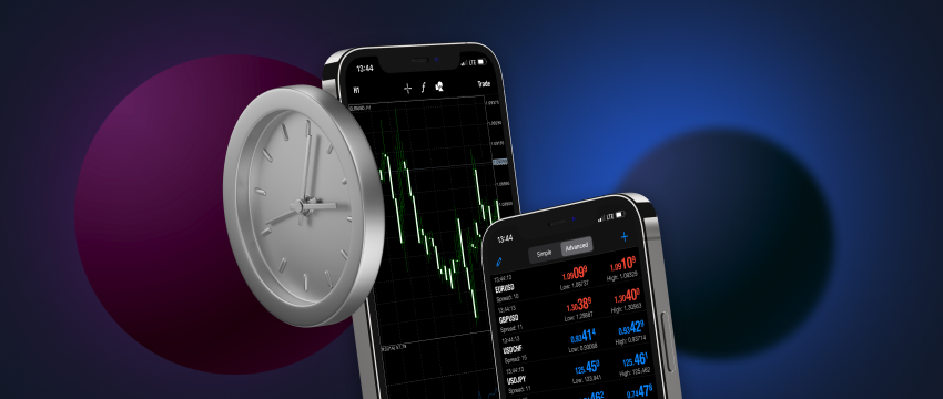 Smartphone featuring a clock and a stock chart, representing a mobile trading platform for forex currency pairs.