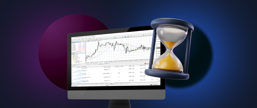 A computer monitor with MetaTrader 4 open, demonstrating the forex trading process on a desktop environment.