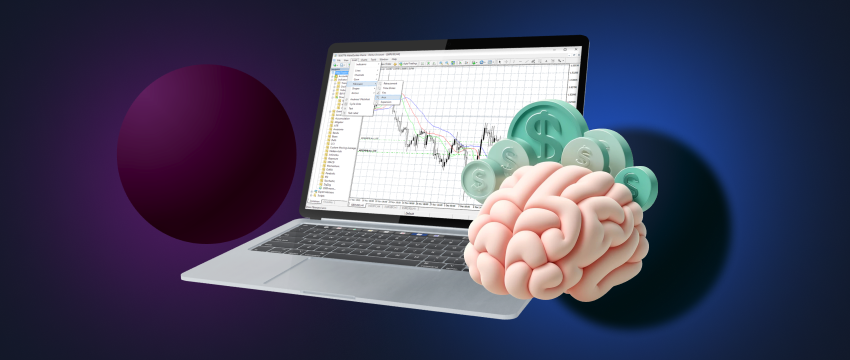 A laptop with a brain illustration, highlighting the importance of psychology in managing emotions during forex trading on MT4.