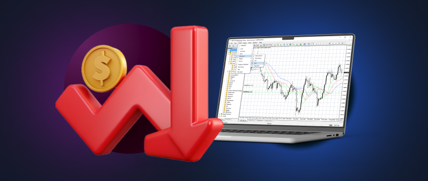 A red-lined laptop displaying the MetaTrader 4 interface, illustrating the process of trading forex online.