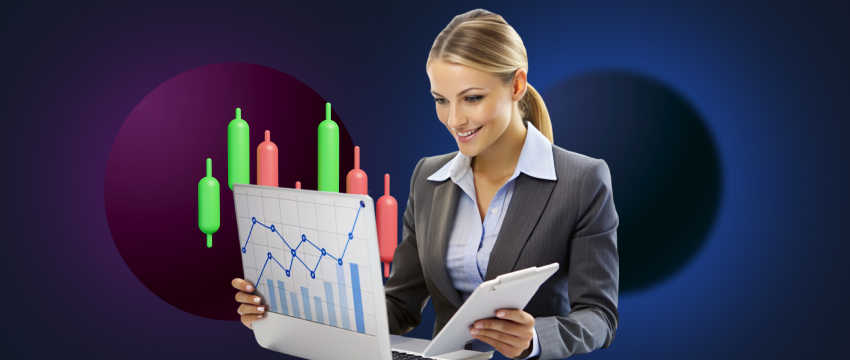 A woman in a business suit examines a chart with a laptop in hand, engaged in day trading and market analysis.