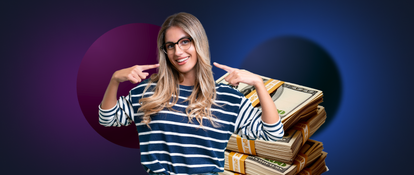 A confident woman displays cash while pointing at the camera, embodying success in the forex trading world.