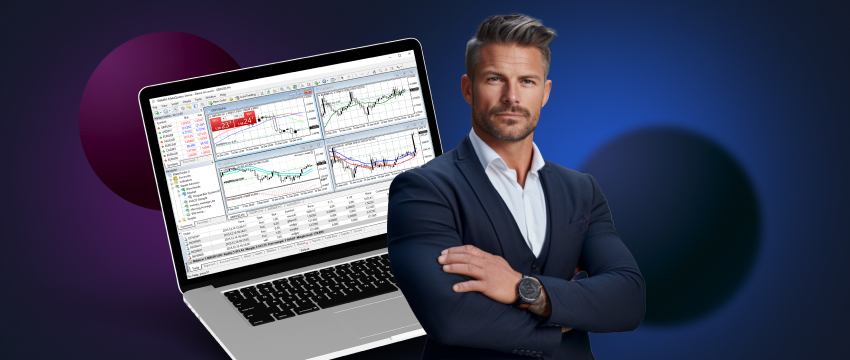 A suited man stands next to a laptop with a trading chart, illustrating the use of the MT4 online trading platform.