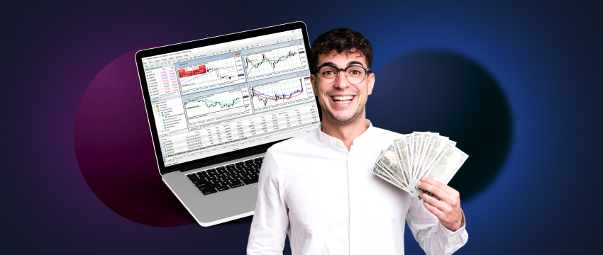 A man displays a laptop and money, representing achievement in forex trading and financial success.