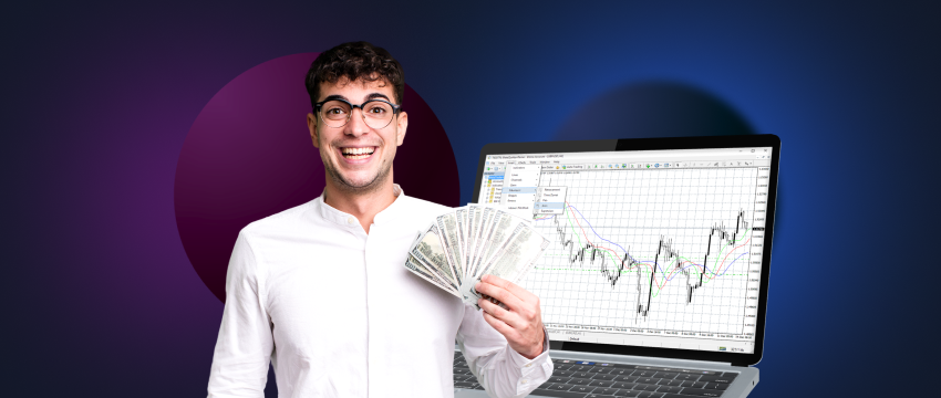 A man holds cash while looking at a laptop screen, symbolizing forex trading and financial learning.