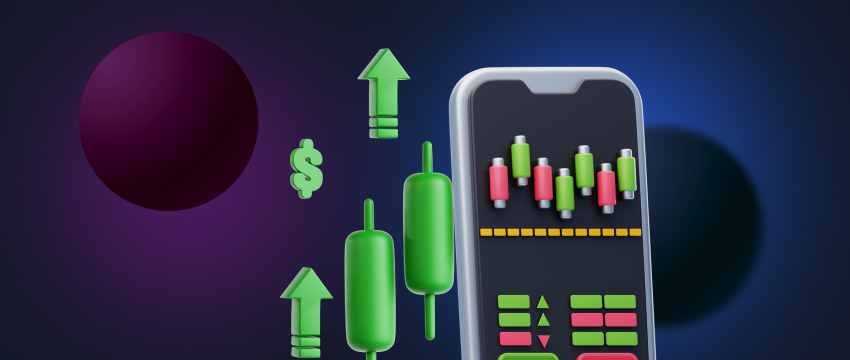 A smartphone featuring a bar graph and arrows, representing mobile trading in forex currency pairs.