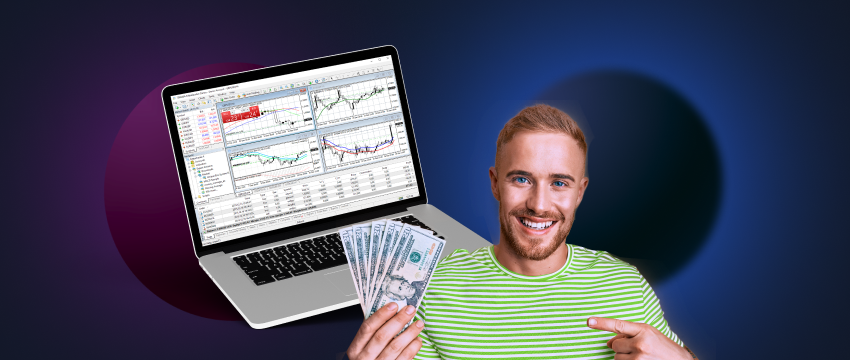 A man, an expert forex trader, displays money while using a laptop, representing investment opportunities and financial acumen.