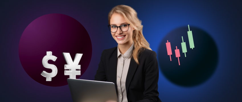 A woman wearing glasses presents a laptop with dollar and yen symbols, representing her success in forex trading.